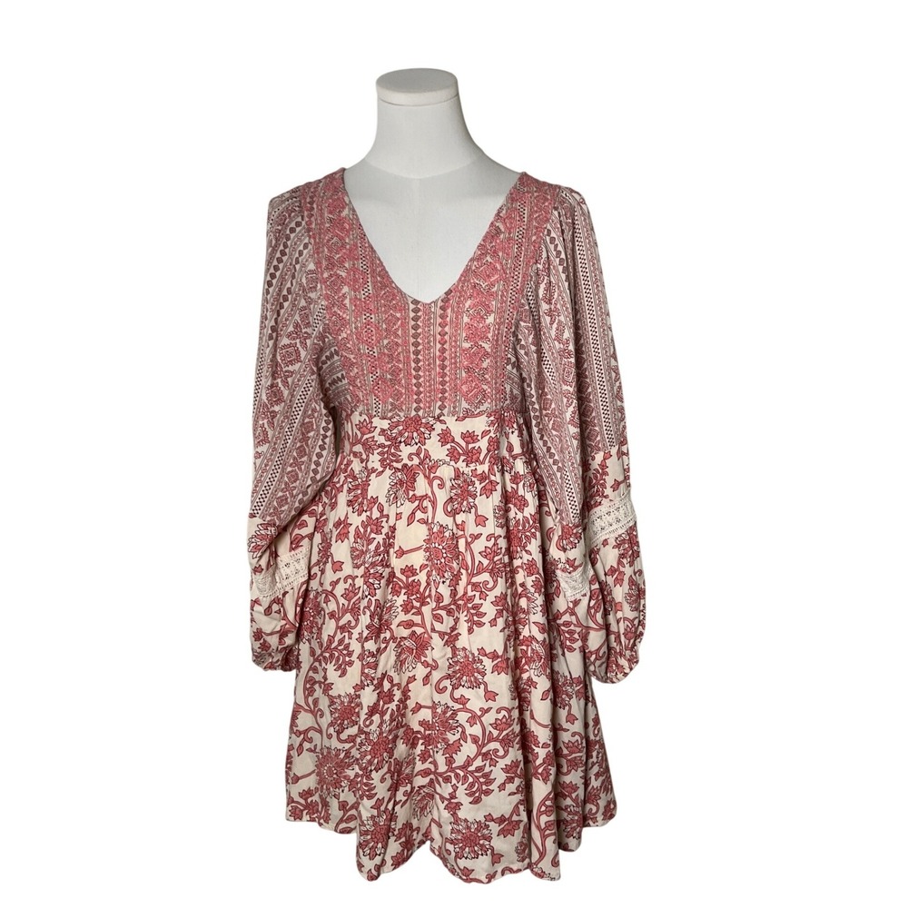 Embroidered Boho Babydoll Dress Floral Pink Cream‎ Sincerely Jules M